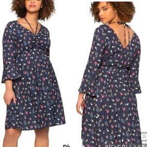 Eloquii Navy Floral‎ Bell Sleeve Milkmaid Midi Dress 3X